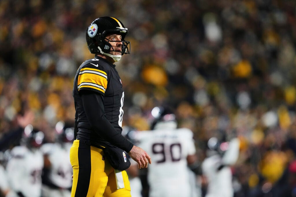 Aaron Rodgers #8 of the Pittsburgh Steelers reacts after a play against the Houston Texans during the second half of an AFC Wild Card Playoff game at Acrisure Stadium on January 12, 2026 in Pittsburgh, Pennsylvania.