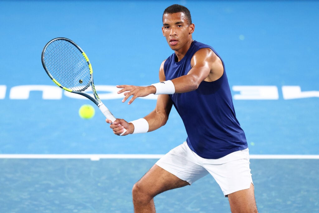 Felix Auger-Aliassime of Canada plays a forehand during a practice session ahead of the 2026 Australian Open at Melbourne Park on January 10, 2026 in Melbourne, Australia.