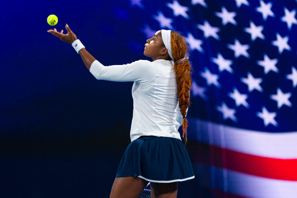 Coco Gauff prepares to serve at the 2026 United Cup
