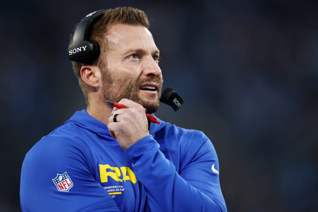 Head coach Sean McVay of the Los Angeles Rams looks on against the Carolina Panthers during the second quarter in the NFC Wild Card Playoff game at Bank of America Stadium.