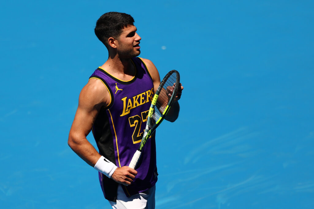 Carlos Alcaraz of Spain reacts during a practice session ahead of the 2026 Australian Open at Melbourne Park on January 12, 2026 in Melbourne, Australia.