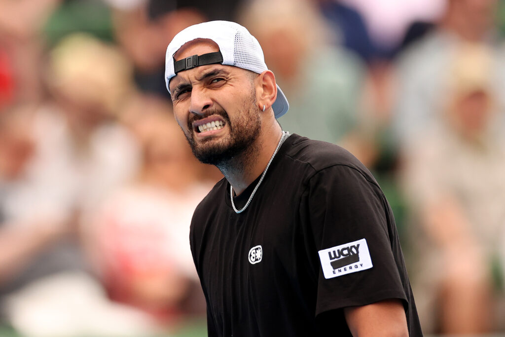 Nick Kyrgios reacts during his match against Zhizhen Zhang at the 2026 Kooyong Classic.