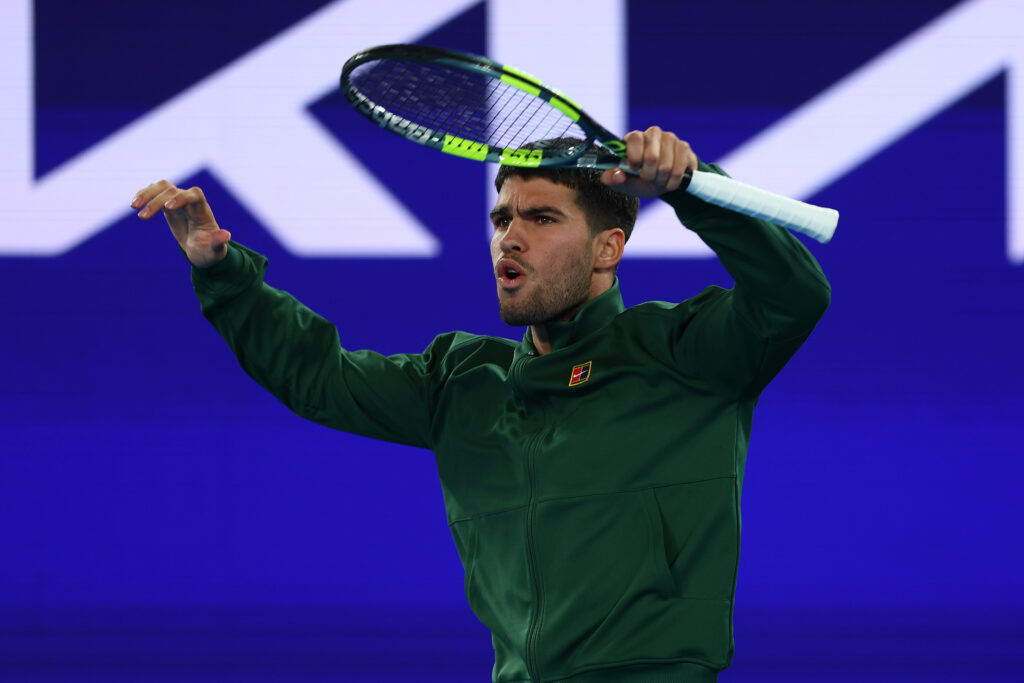 Carlos Alcaraz reacts during a point at the One Point Slam in 2026.