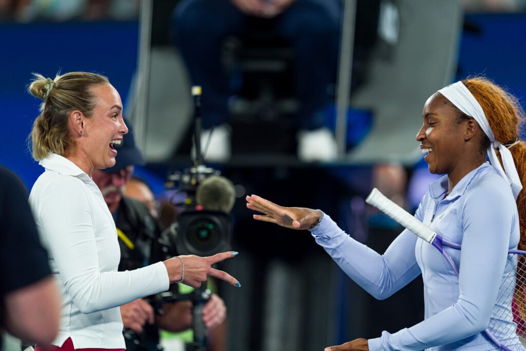 Coco Gauff and Donna Vekic meet at the net after their match at the 2026 One Point Slam