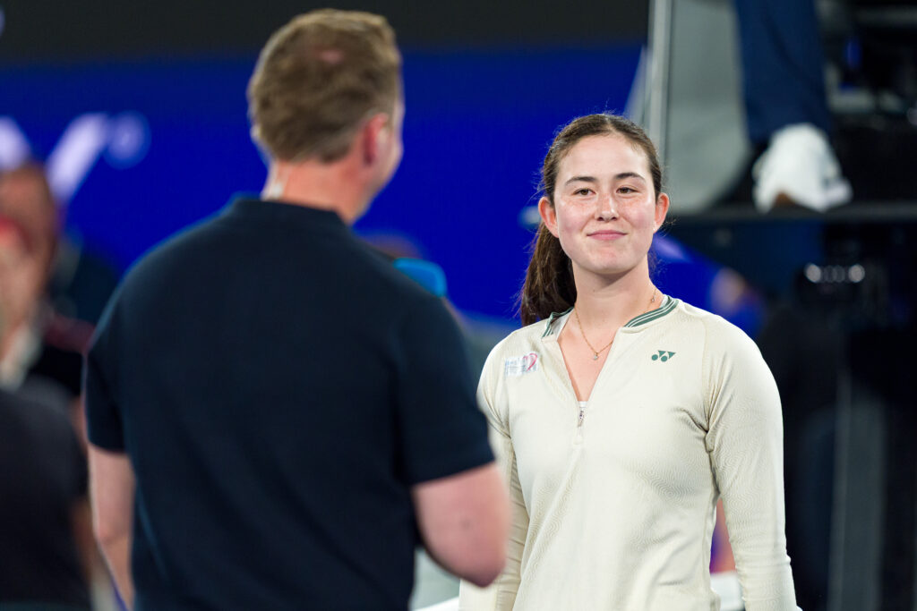 Joanna Garland looks on during the 1 Point Slam event on Rod Laver Arena ahead of the 2026 Australian Open.
