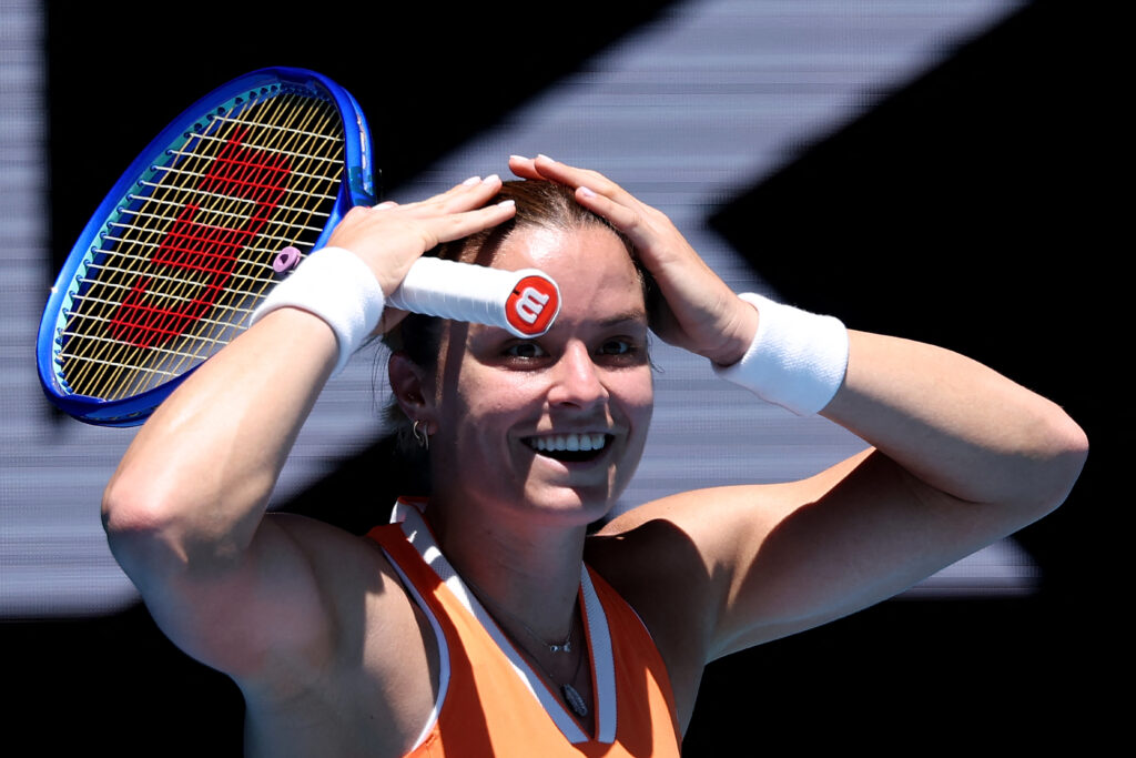 Greece's Maria Sakkari reacts on a point to France's Leolia Jeanjean during their women's singles match on day one of the Australian Open tennis tournament in Melbourne on January 18, 2026.