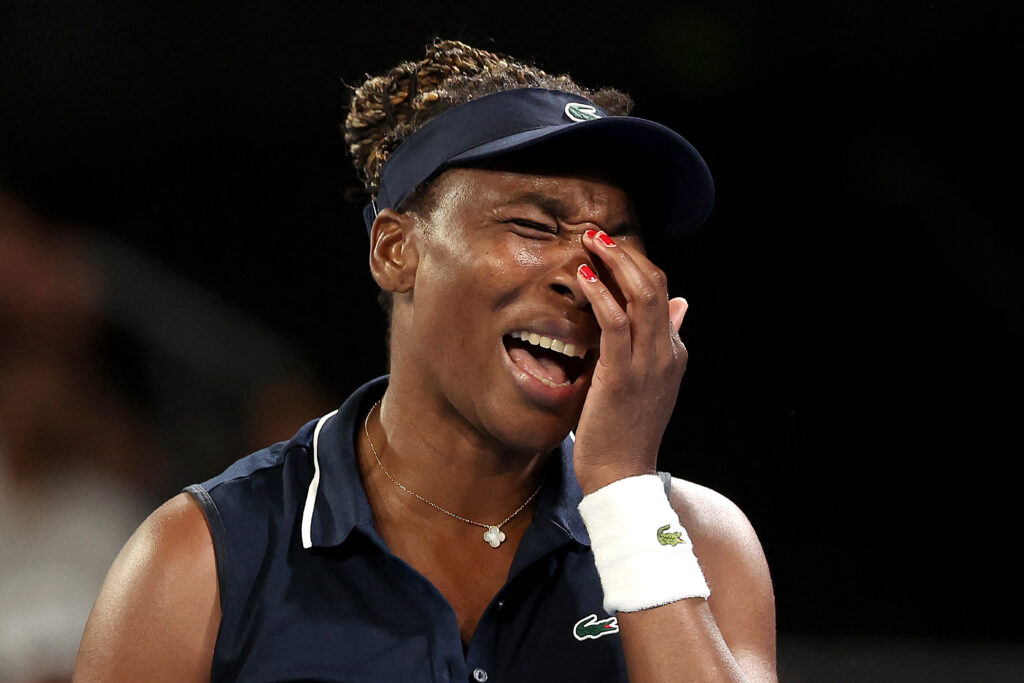 Venus Williams reacts after losing a point against Olga Danilovic at the 2026 Australian Open.