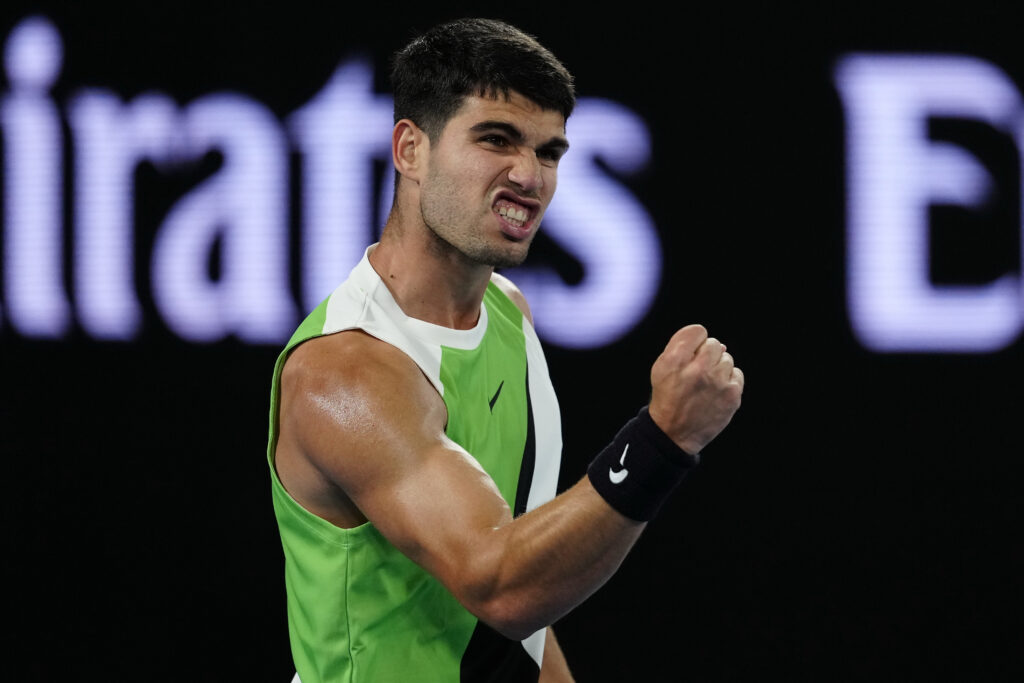 Carlos Alcaraz of Spain reacts against Adam Walton of Australia during the Men's Singles First Round match on day one of the 2026 Australian Open at Melbourne Park on January 18, 2026 in Melbourne, Australia.
