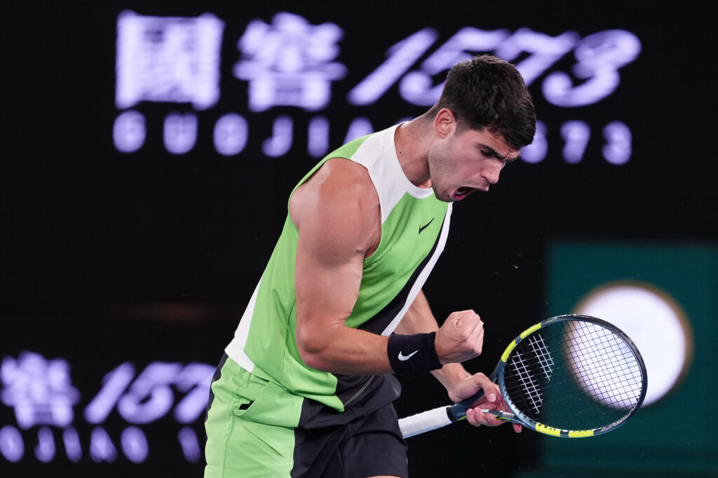 Carlos Alcaraz of Spain reacts against Adam Walton of Australia during the Men's Singles First Round match on day one of the 2026 Australian Open at Melbourne Park on January 18, 2026 in Melbourne, Australia.