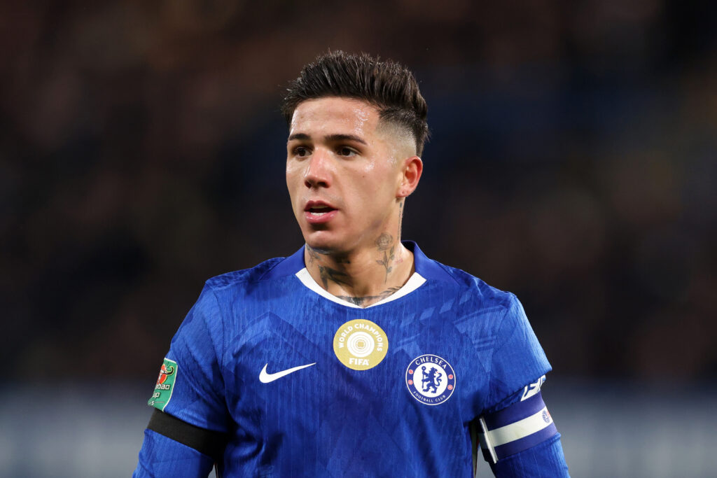 Enzo Fernandez of Chelsea during the Carabao Cup Semi Final First Leg match between Chelsea and Arsenal at Stamford Bridge.