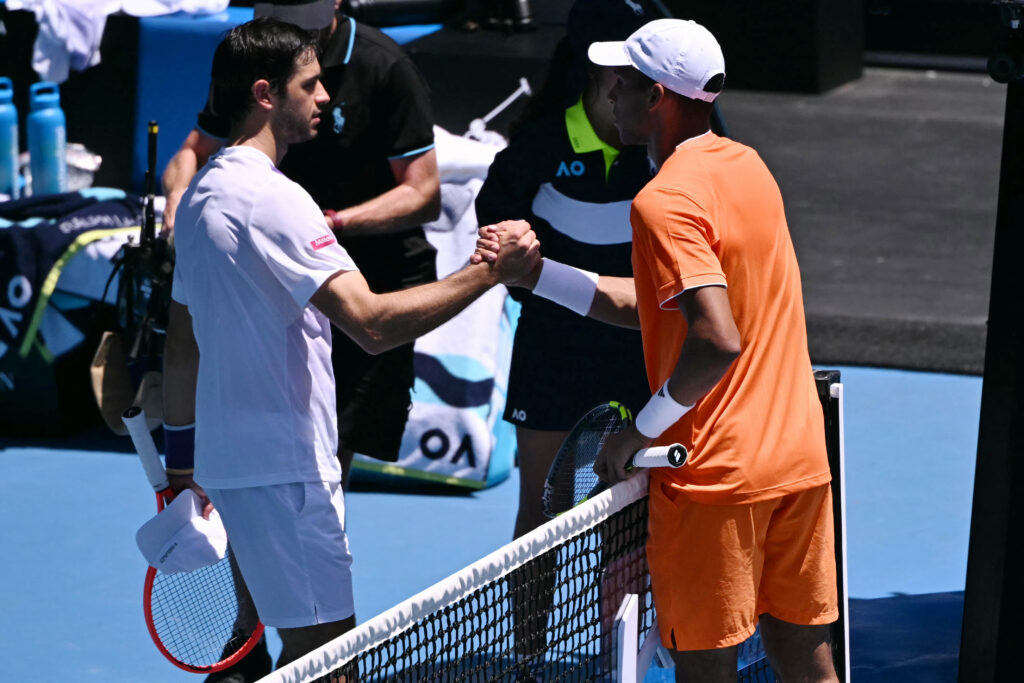 Felix Auger-Aliassime and Nuno Borges shake hands after their match at the 2026 Australian Open
