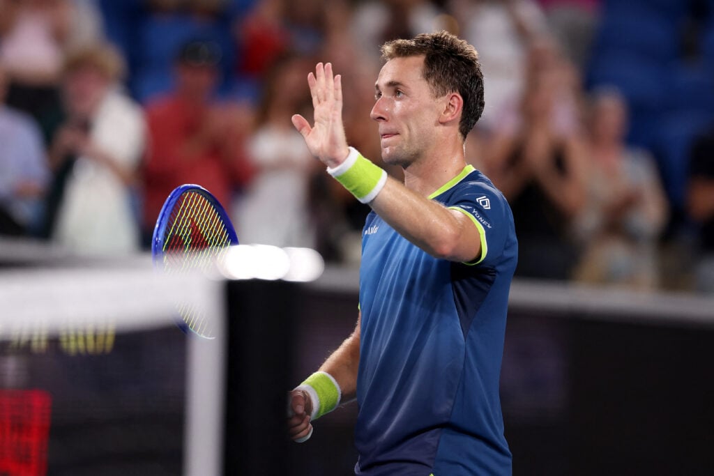 Norway's Casper Ruud celebrates victory over Italy's Mattia Bellucci after their men's singles match on day two of the Australian Open tennis tournament in Melbourne.