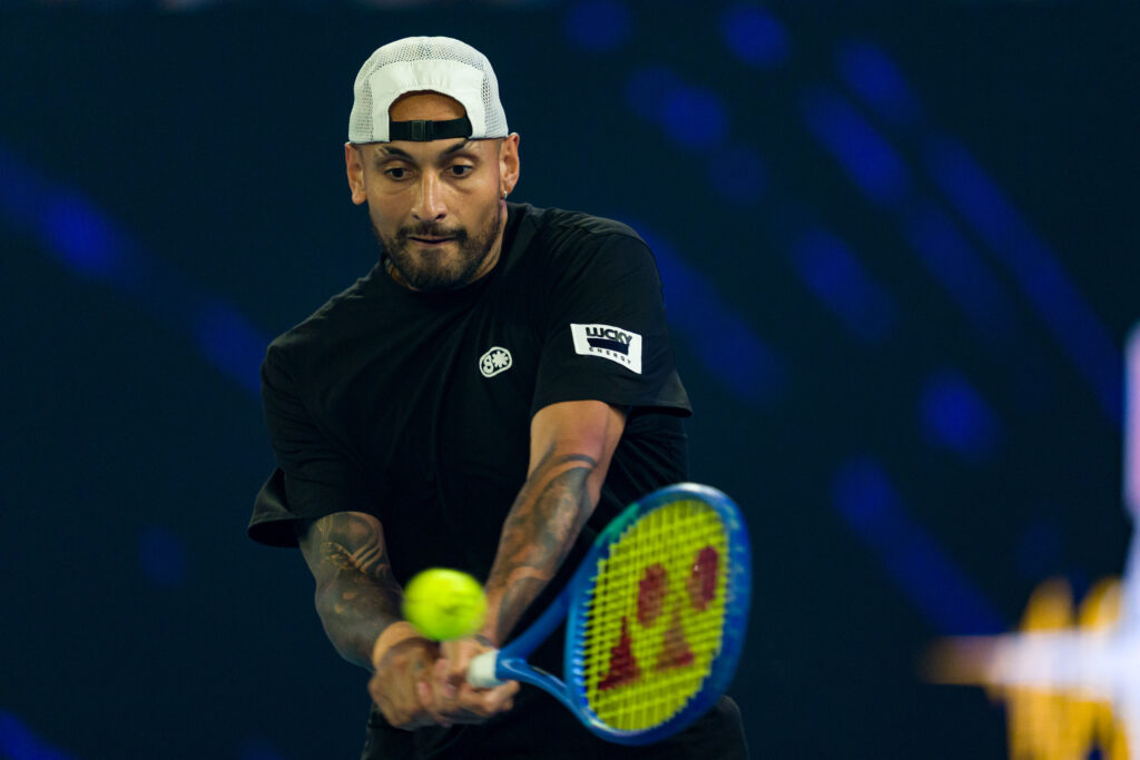 Nick Kyrgios hits a backhand during the 2026 Red Bull Bassline event
