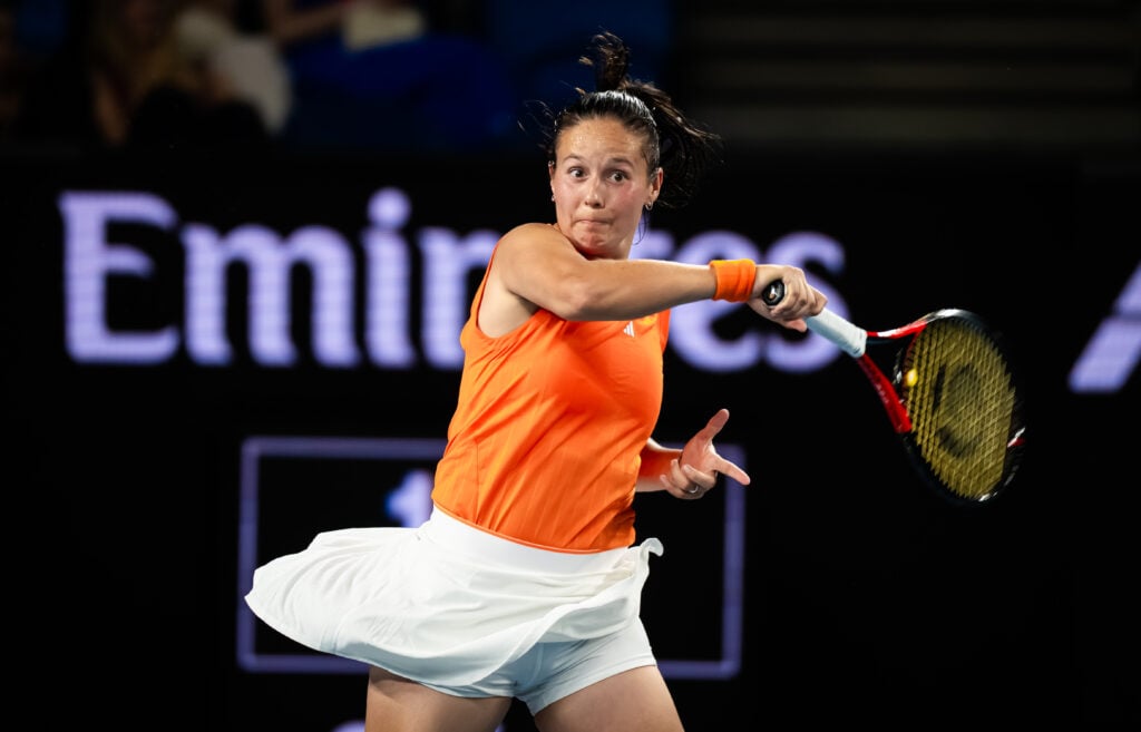 Daria Kasatkina hits a forehand at the 2026 Australian Open