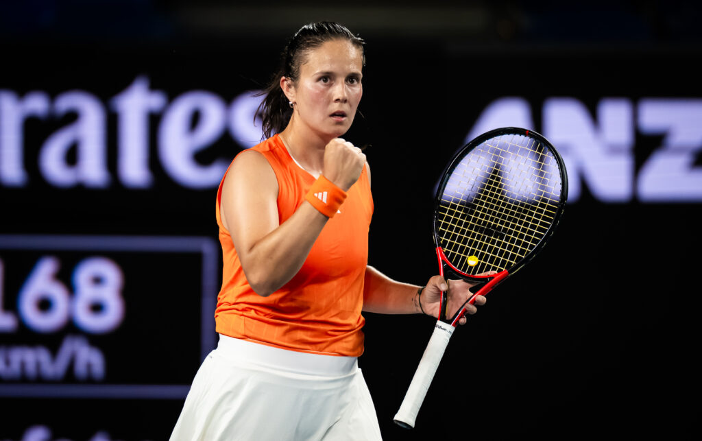 Daria Kasatkina celebrates during her first-round match at the 2026 Australian Open