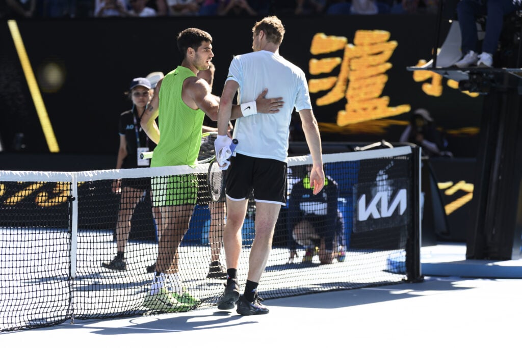 Carlos Alcaraz (ESP) shakes hands with Yannick Hanfmann (GER) after winning the match and progressing to round 3 at the Australian Open grand slam tennis tournament at Melbourne Park.