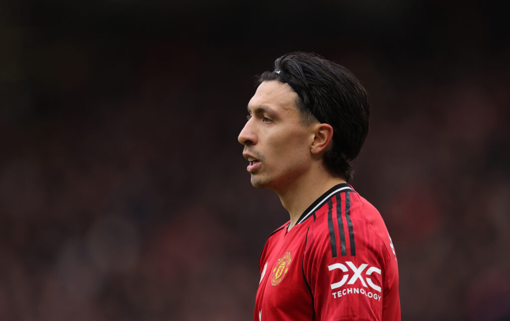 Lisandro Martinez of Manchester United during the Premier League match between Manchester United and Manchester City at Old Trafford.