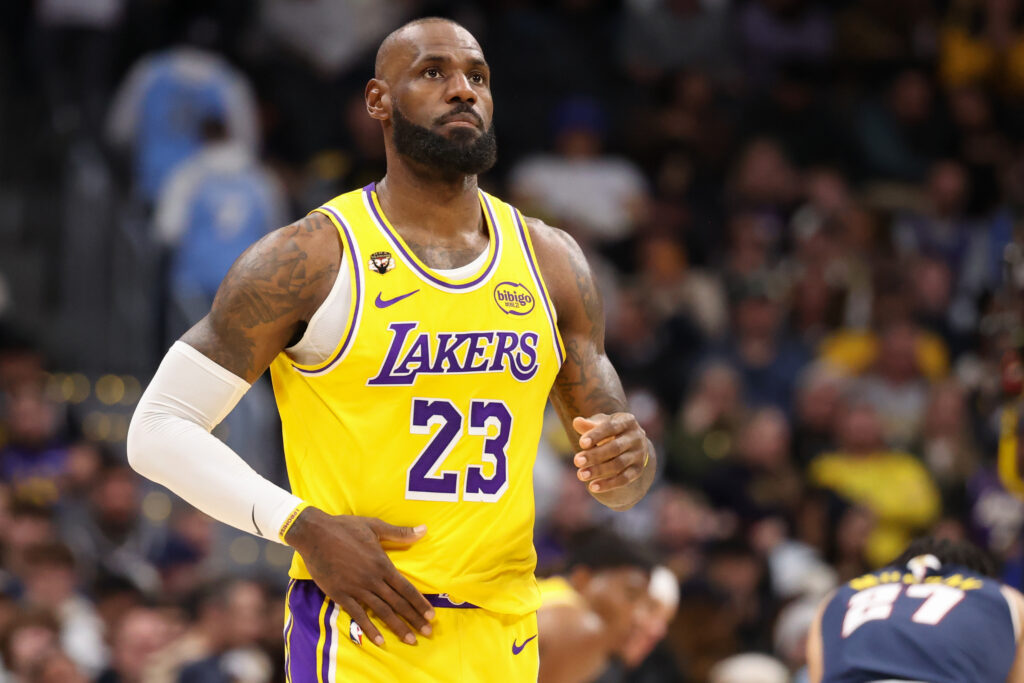 LeBron James #23 of the Los Angeles Lakers looks on during the fourth quarter of a game against the Denver Nuggets at Ball Arena on January 20, 2026 in Denver, Colorado.