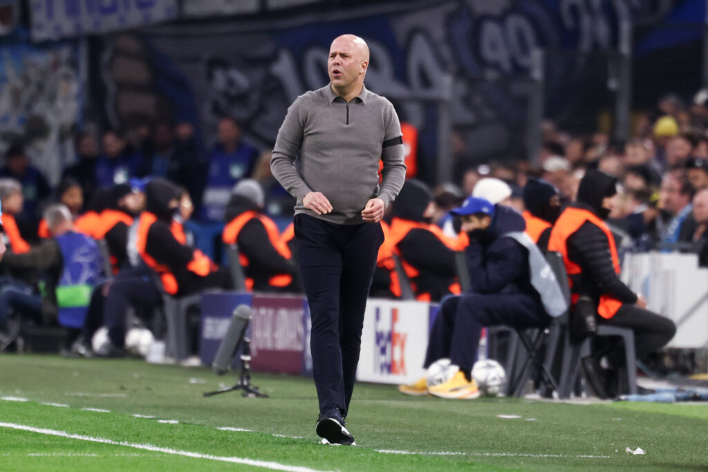 Arne Slot Head Coach of Liverpool FC reacts to a play during the UEFA Champions League 2025/26 League Phase MD7 match between Olympique de Marseille and Liverpool FC at Stade de Marseille.