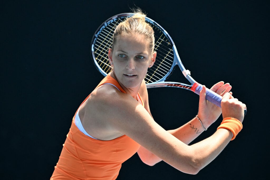 Czech Republic's Karolina Pliskova hits a shot against Indonesia's Janice Tjen during their women's singles match on day five of the Australian Open tennis tournament in Melbourne on January 22, 2026.