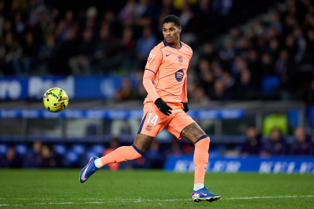 Marcus Rashford of FC Barcelona with the ball during the LaLiga EA Sports match between Real Sociedad and FC Barcelona at Estadio de Anoeta on January 18, 2026 in San Sebastian, Spain.