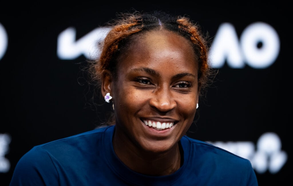 Coco Gauff of the United States talks to the media after defeating Hailey Baptiste of the United States during the third round on Day 6 of the 2026 Australian Open at Melbourne Park on January 23, 2026 in Melbourne, Australia