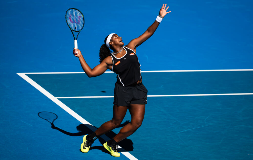 Hailey Baptiste of the United States in action against Coco Gauff of the United States during the third round on Day 6 of the 2026 Australian Open at Melbourne Park on January 23, 2026 in Melbourne, Australia.