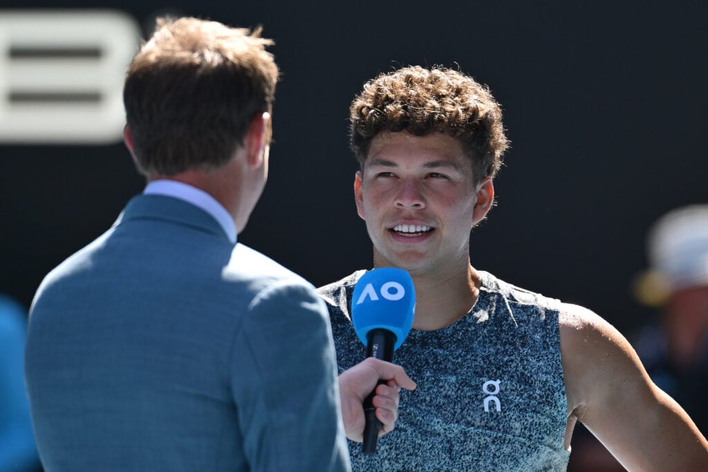 Ben Shelton speaks on court after his win over Ugo Humbert at the 2026 Australian Open.
