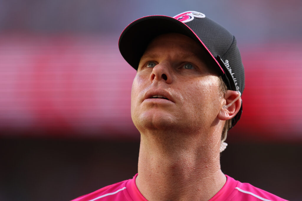 Steve Smith of the Sixers looks on during the BBL Qualifier match between Perth Scorchers and Sydney Sixers at Optus Stadium.
