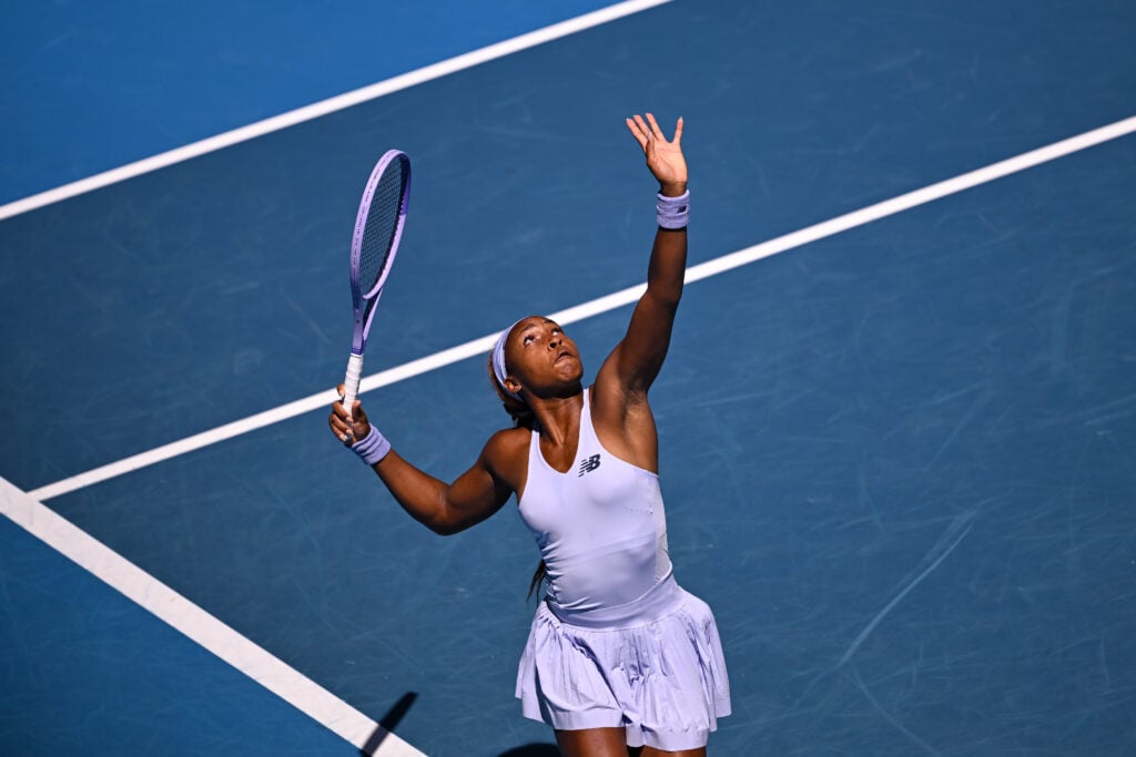 Coco Gauff serving at the 2026 Australian Open.