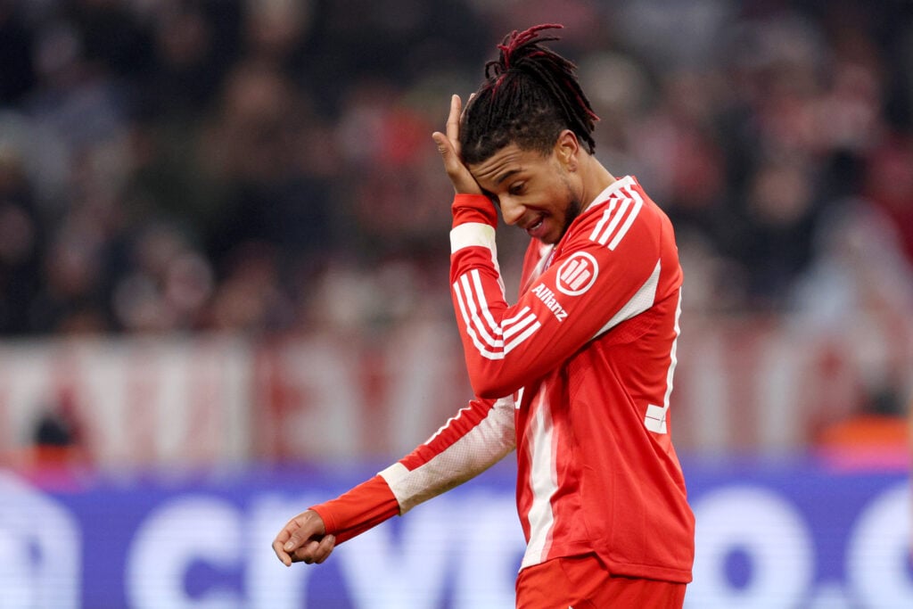 Michael Olise of FC Bayern Munich reacts after missing a chance during the UEFA Champions League 2025/26 League Phase MD7 match between FC Bayern München and R. Union Saint-Gilloise at Football Arena Munich.