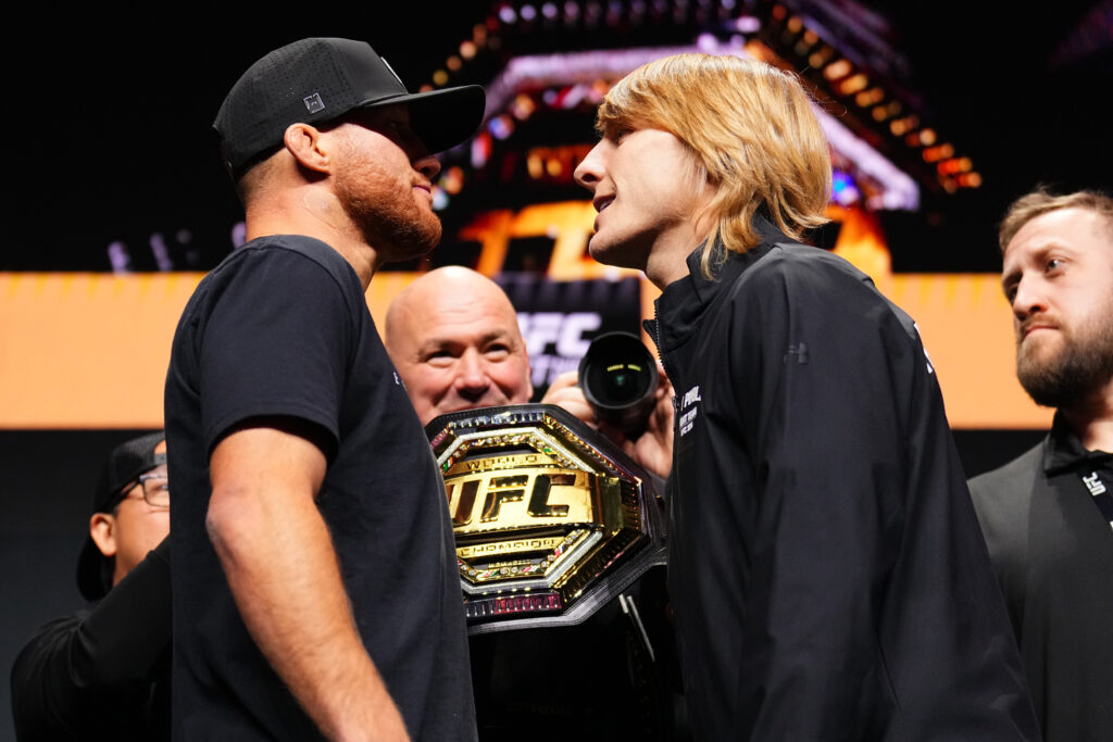 Justin Gaethje and Paddy Pimblett of England face off during the UFC 324 press conference at T-Mobile Arena.