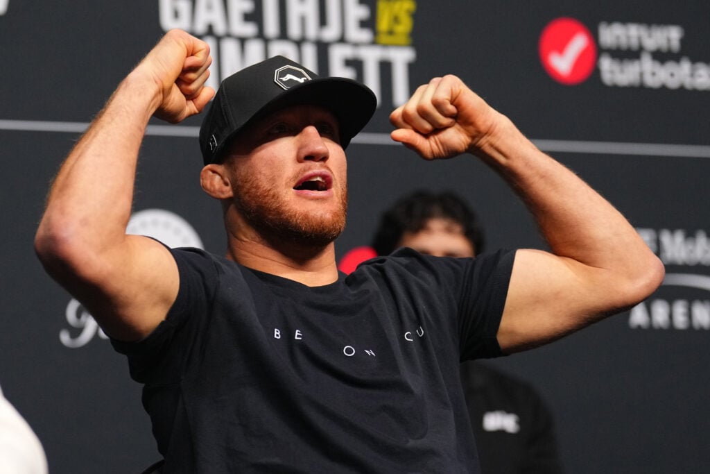 Justin Gaethje is seen on stage during the UFC 324 press conference at T-Mobile Arena on January 22, 2026 in Las Vegas, Nevada.