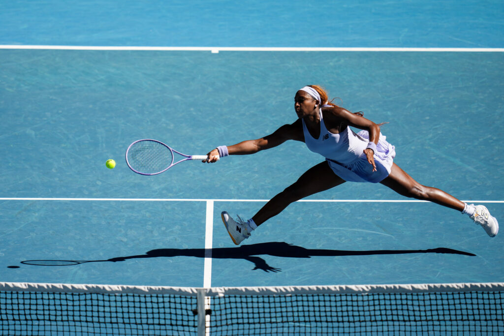 Coco Gauff of the United States plays a forehand in the Women's Singles Third Round match against Hailey Baptiste of the United States during day six of the 2026 Australian Open.