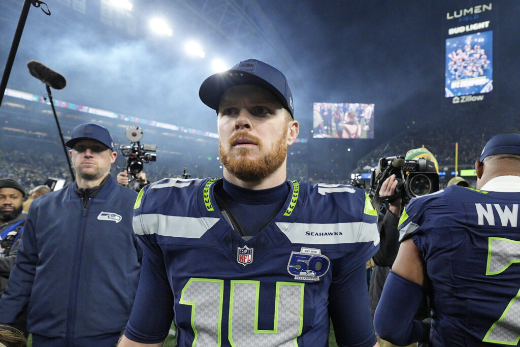 Sam Darnold #14 of the Seattle Seahawks reacts after the NFC Championship game.