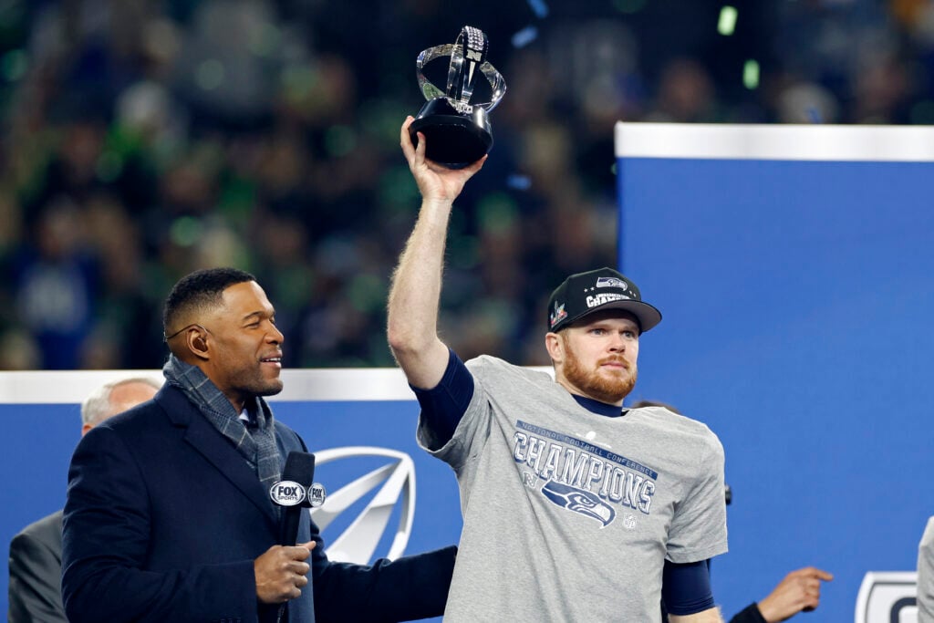 Sam Darnold #14 of the Seattle Seahawks reacts after the NFC Championship game against the Los Angeles Rams on January 25, 2026 at Lumen Field.