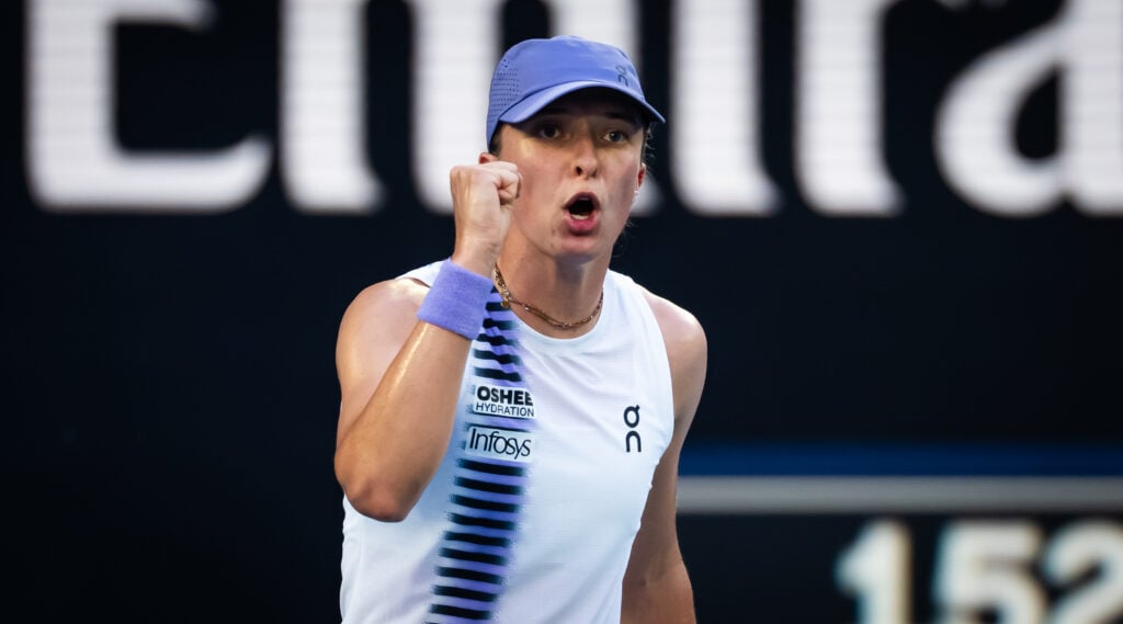 Iga Swiatek of Poland in action against Maddison Inglis of Australia in the fourth round on Day 9 of the 2026 Australian Open at Melbourne Park on January 26, 2026 in Melbourne, Australia.