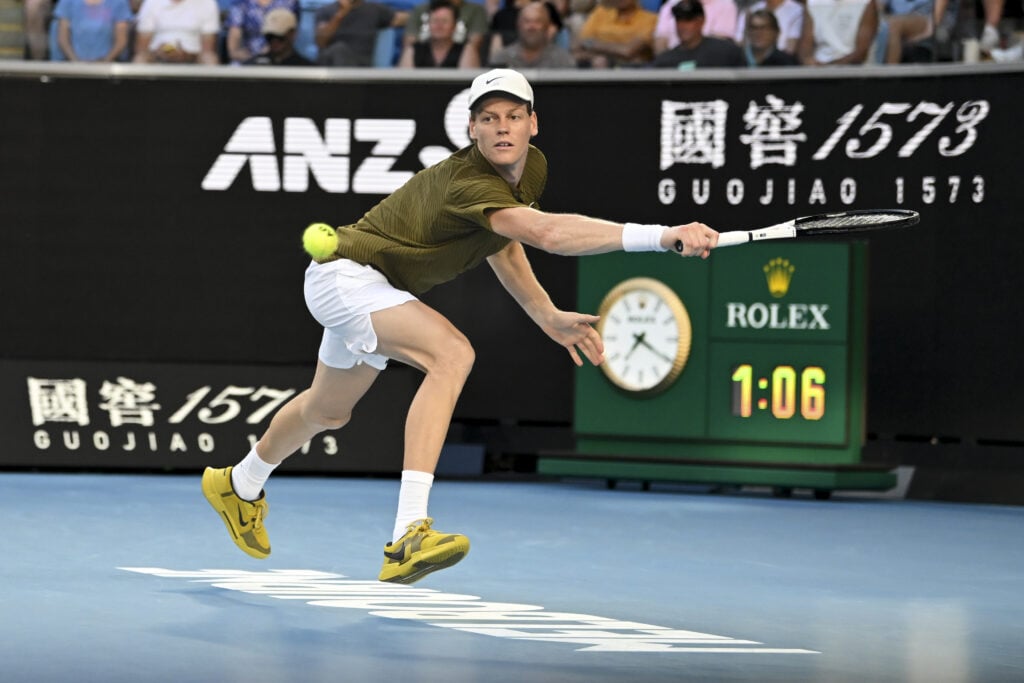Jannik Sinner (ITA) in action against Luciano Darderi (ITA) (not seen) during round 4 at the Australian Open grand slam tennis tournament at Melbourne Park in Melbourne, Australia on January 26, 2026