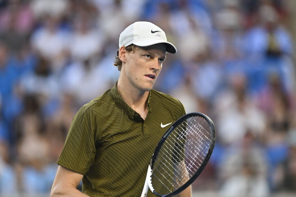 Jannik Sinner (ITA) in action against Luciano Darderi (ITA) (not seen) during round 4 at the Australian Open grand slam tennis tournament at Melbourne Park in Melbourne, Australia on January 26, 2026