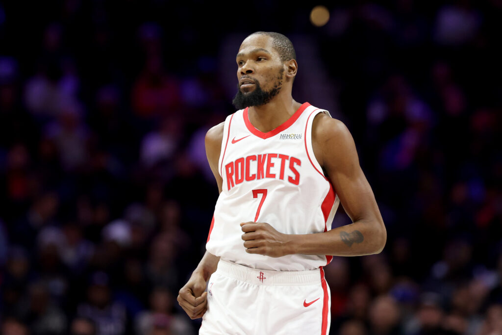 Kevin Durant #7 of the Houston Rockets looks on during a game against the Philadelphia 76ers at Xfinity Mobile Arena.
