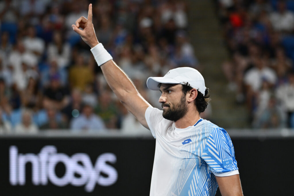 Valentin Vacherot of Monaco reacts in the Men's Singles Third Round against Ben Shelton of the United States during day seven of the 2026 Australian Open at Melbourne Park on January 24, 2026 in Melbourne, Australia.