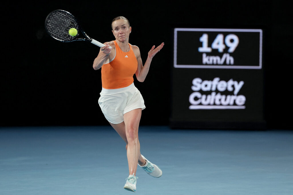 Ukraine's Elina Svitolina hits a return to USA's Coco Gauff during their women's singles quarter-final match on day ten of the Australian Open tennis tournament in Melbourne on January 27, 2026.