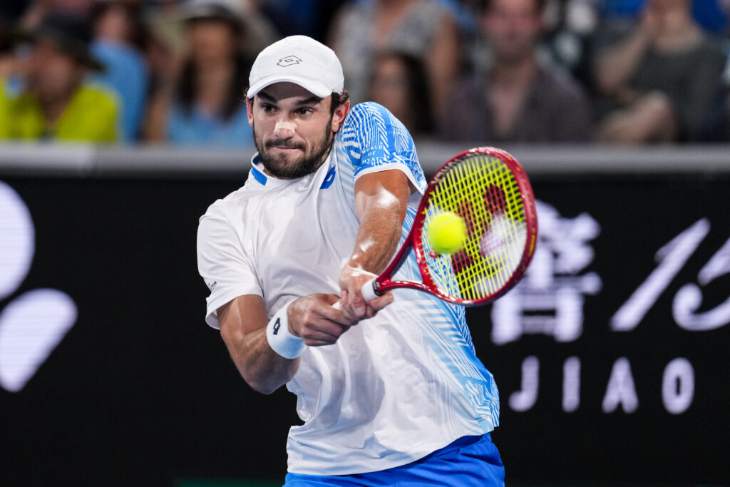 Valentin Vacherot of Monaco plays a backhand in the Men's Singles Third Round match against Ben Shelton of the United States during day seven of the 2026 Australian Open at Melbourne Park on January 24, 2026 in Melbourne, Australia.