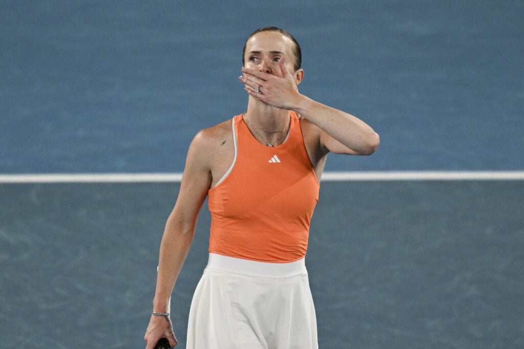 Elina Svitolina (UKR) reacts after winning her match against Coco Gauff (USA) (not seen) during the Quarterfinals at the Australian Open grand slam tennis tournament at Melbourne Park in Melbourne, Australia on January 27, 2026