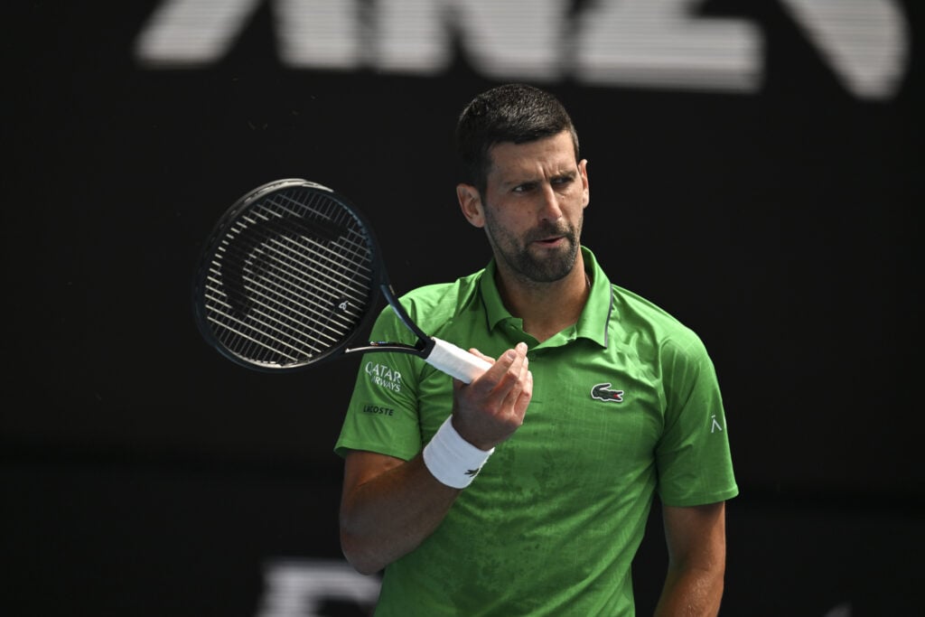 Novak Djokovic (SRB) in action against Lorenzo Musetti (ITA) during the Quarterfinals at the Australian Open grand slam tennis tournament at Melbourne Park.