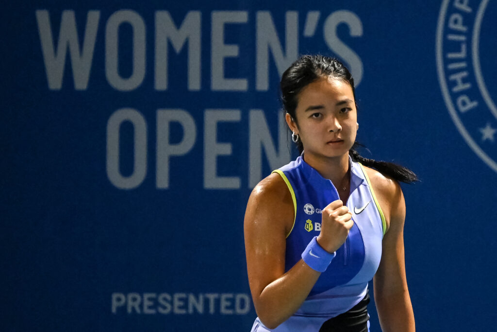 Philippines' Alexandra Eala reacts after a point against Japan's Himeno Sakatsume during their women's singles at the Philippine Women's Open tennis tournament in Manila on January 28, 2026.