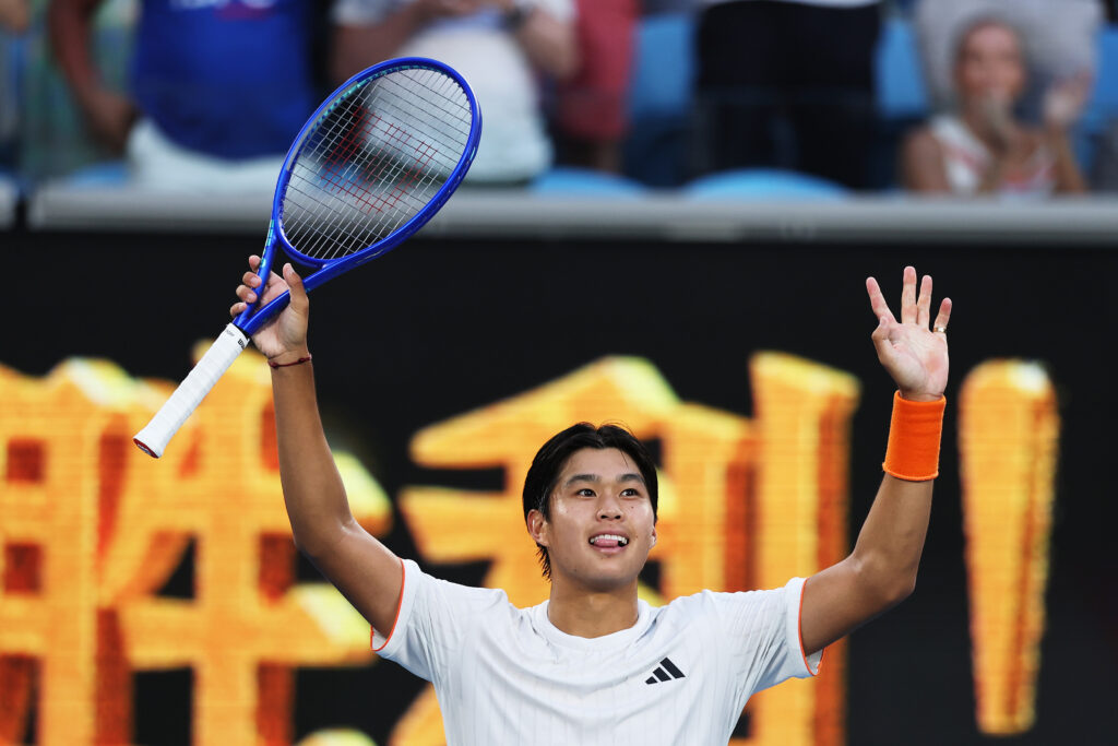 Learner Tien of the United States acknowledges the crowd following victory over Daniil Medvedev during the Men's Singles Fourth Round match on day eight of the 2026 Australian Open at Melbourne Park on January 25, 2026 in Melbourne, Australia.