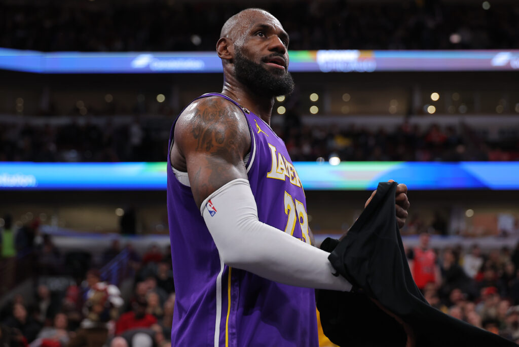 LeBron James #23 of the Los Angeles Lakers looks on during the second half against the Chicago Bulls on January 26, 2026 at the United Center in Chicago, Illinois.