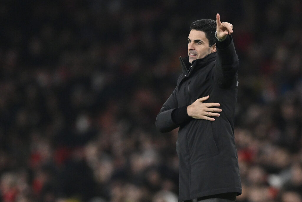 Mikel Arteta manager of Arsenal gestures during the UEFA Champions League 2025/26 League Phase MD8 match between Arsenal FC and FC Kairat Almaty at Arsenal Stadium.
