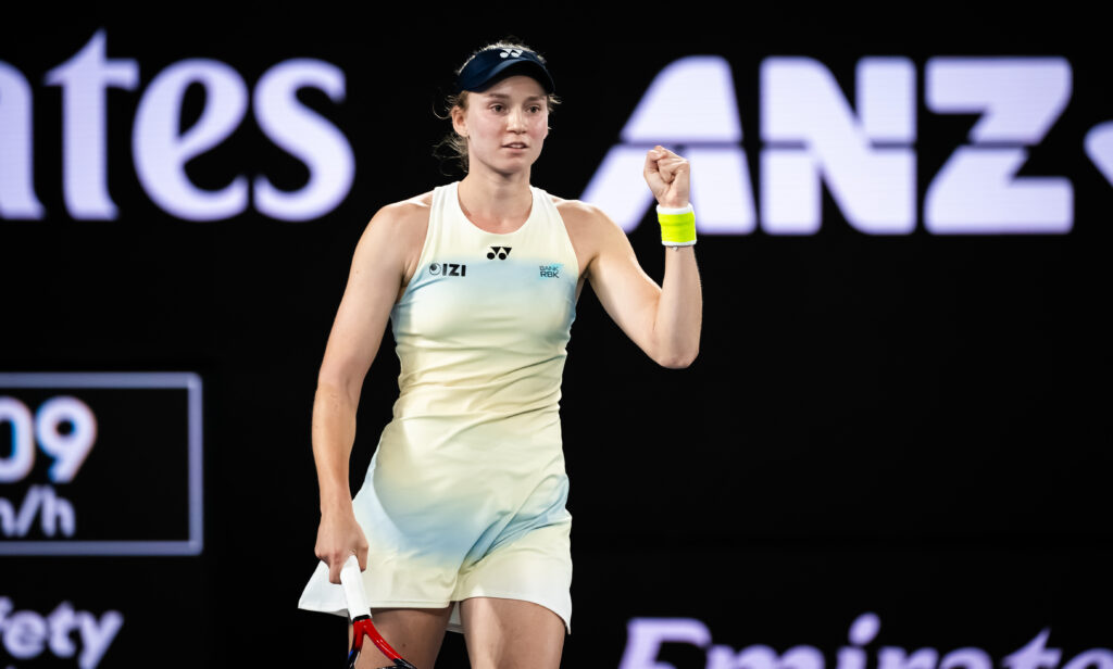 Elena Rybakina of Kazakhstan in action against Jessica Pegula of the United States in the semi-final on Day 12 of the 2026 Australian Open at Melbourne Park on January 29, 2026 in Melbourne, Australia